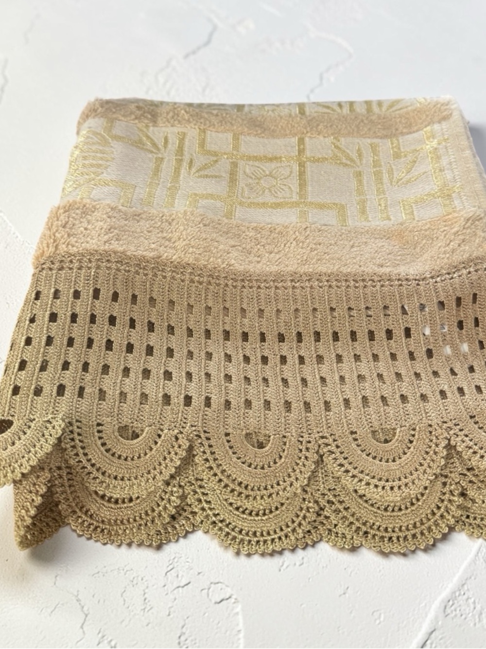 Beige Crochet Trim Hand Towel - Decorative Scallop Edge